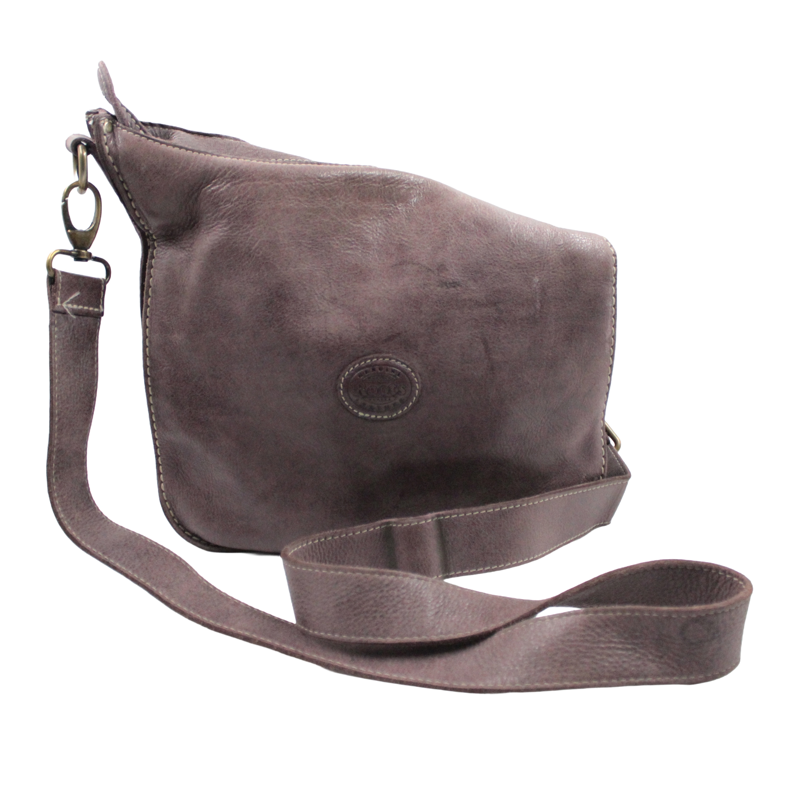 ROOTS Classic Smooth Leather Shoulder Crossbody Zip Top Plum Brown Bag ROOTS Classic Smooth Leather Shoulder Crossbody Zip Top Plum Brown Bag