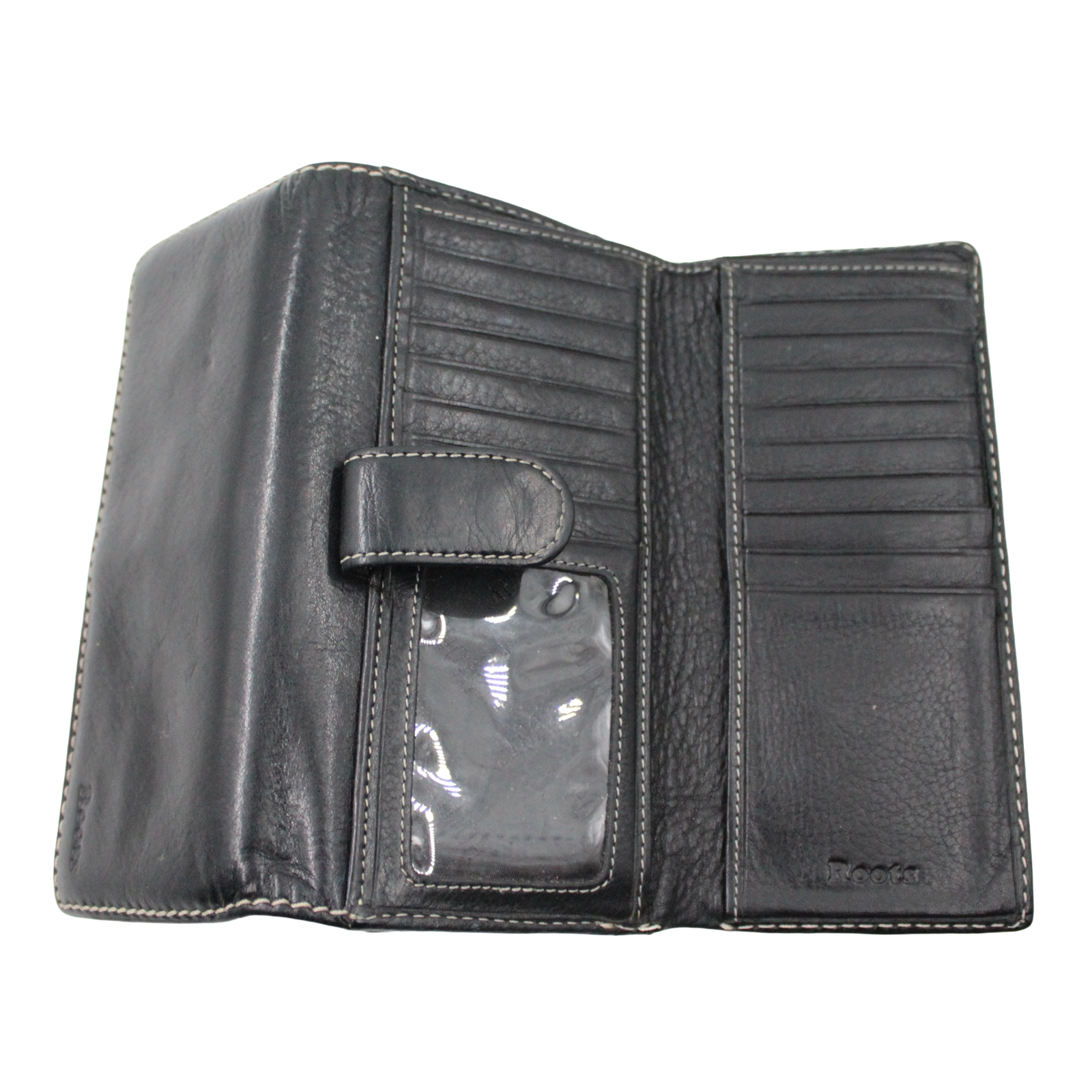 ROOTS Leather Credit Card Slots ID Windows Bill Compartment Black Wallet ROOTS Leather Credit Card Slots ID Windows Bill Compartment Black Wallet