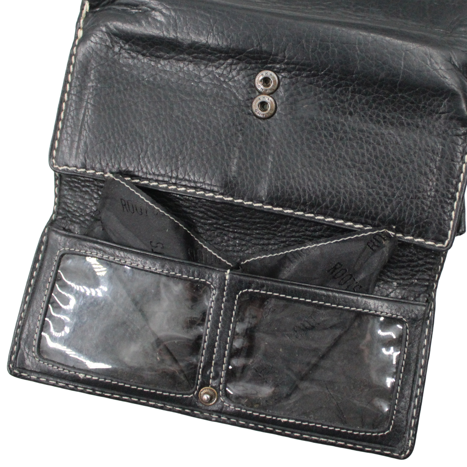 ROOTS Leather Credit Card Slots ID Windows Bill Compartment Black Wallet ROOTS Leather Credit Card Slots ID Windows Bill Compartment Black Wallet