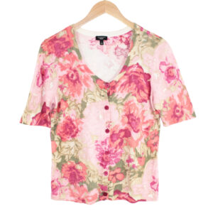 TALBOTS Cotton Blend Button Front Short Sleeve Pink Floral Sweater - P/L