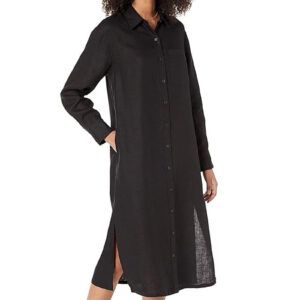 THE DROP Linen Button Front Pockets Long Maxi Black Shirt Dress - Medium THE DROP Linen Button Front Pockets Long Maxi Black Shirt Dress - Medium