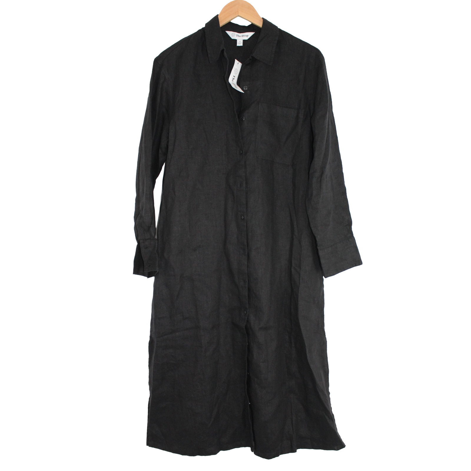 THE DROP Linen Button Front Pockets Long Maxi Black Shirt Dress - Medium THE DROP Linen Button Front Pockets Long Maxi Black Shirt Dress - Medium
