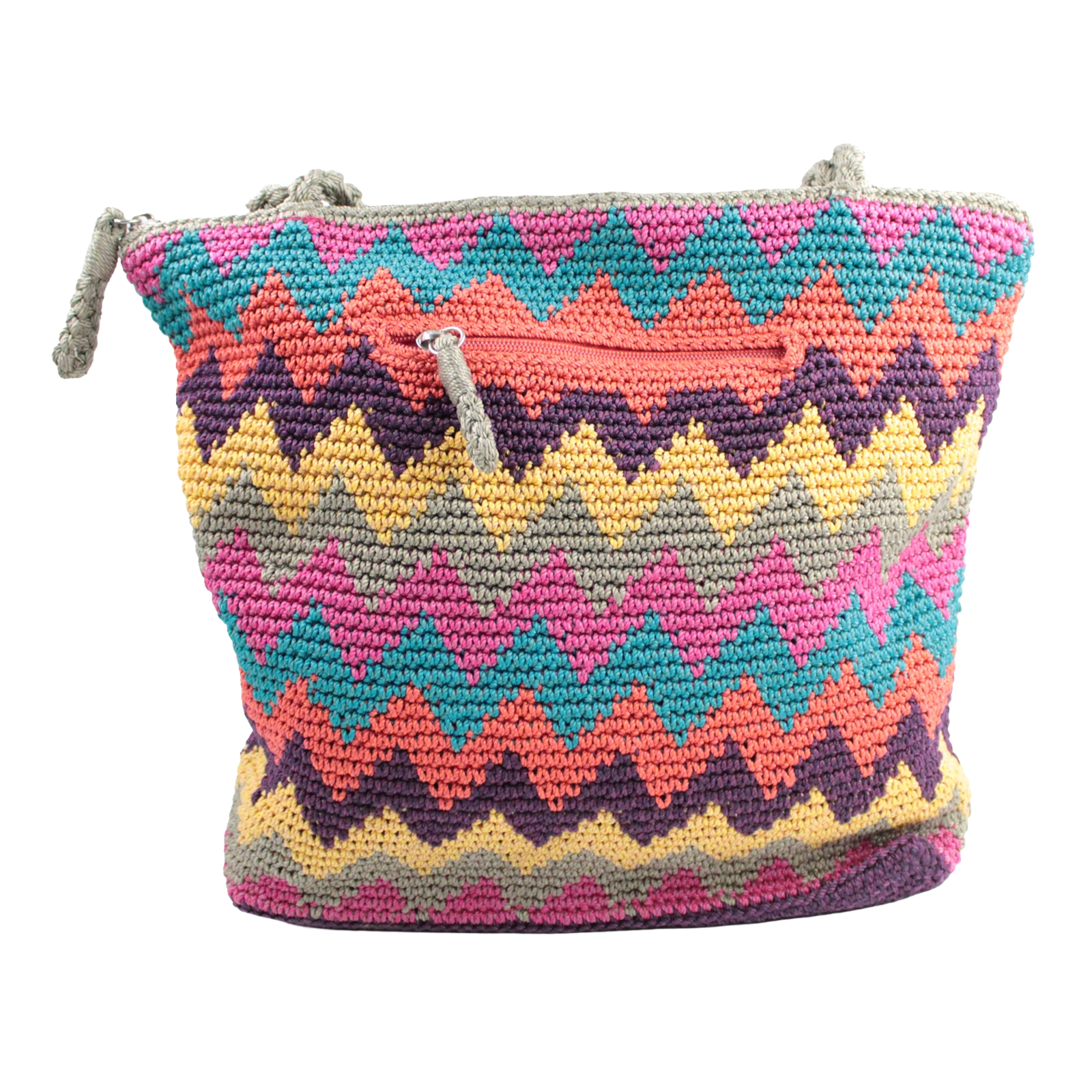 THE SAK Macrame Crochet Knit Zip Top Double Handle Purple Multi Shoulder Bag THE SAK Macrame Crochet Knit Zip Top Double Handle Purple Multi Shoulder Bag