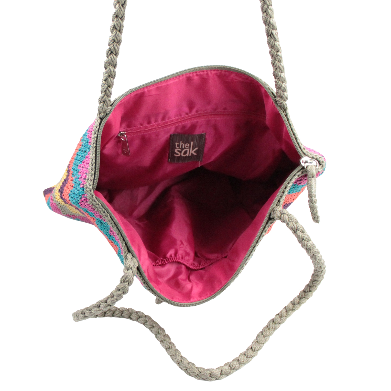 THE SAK Macrame Crochet Knit Zip Top Double Handle Purple Multi Shoulder Bag THE SAK Macrame Crochet Knit Zip Top Double Handle Purple Multi Shoulder Bag