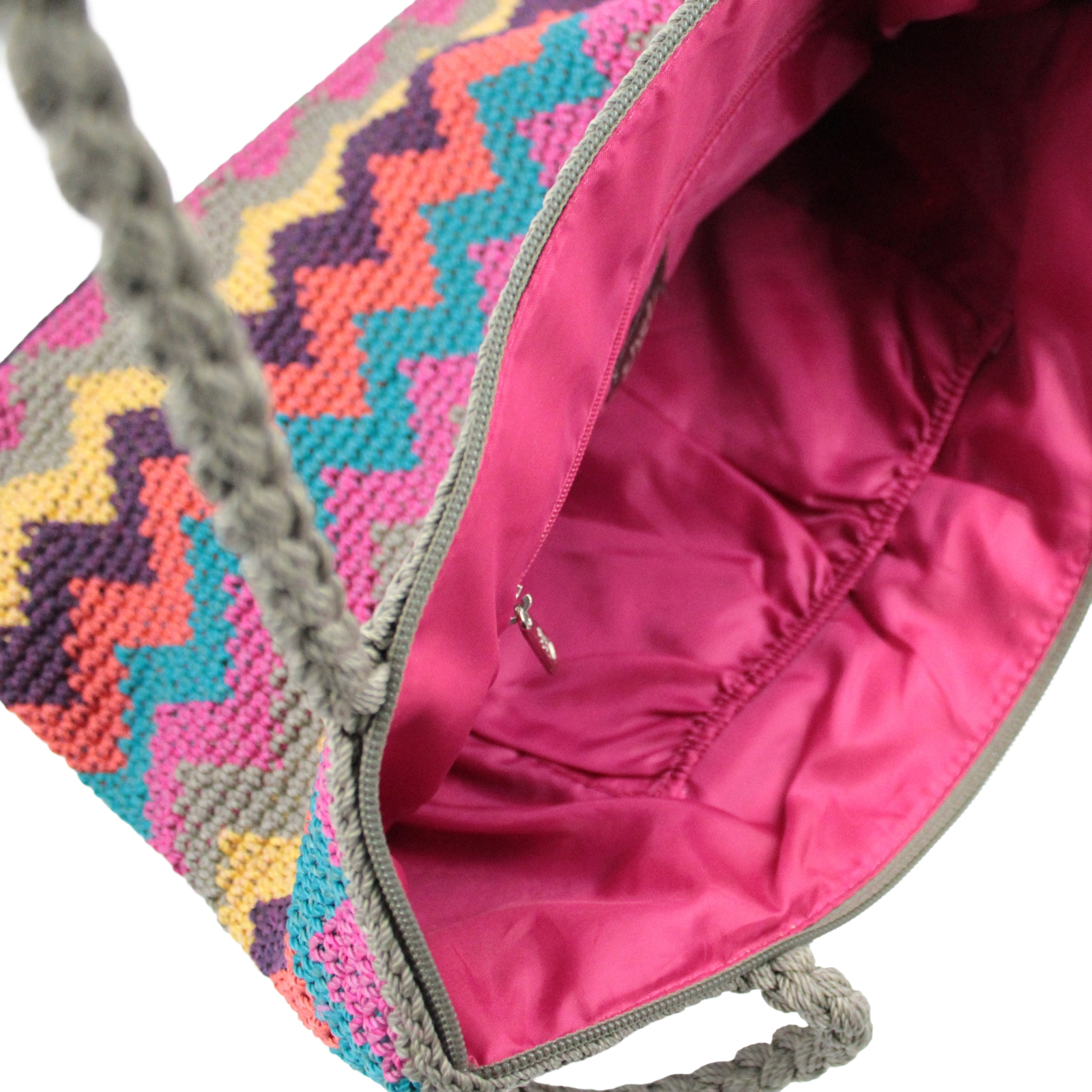 THE SAK Macrame Crochet Knit Zip Top Double Handle Purple Multi Shoulder Bag THE SAK Macrame Crochet Knit Zip Top Double Handle Purple Multi Shoulder Bag