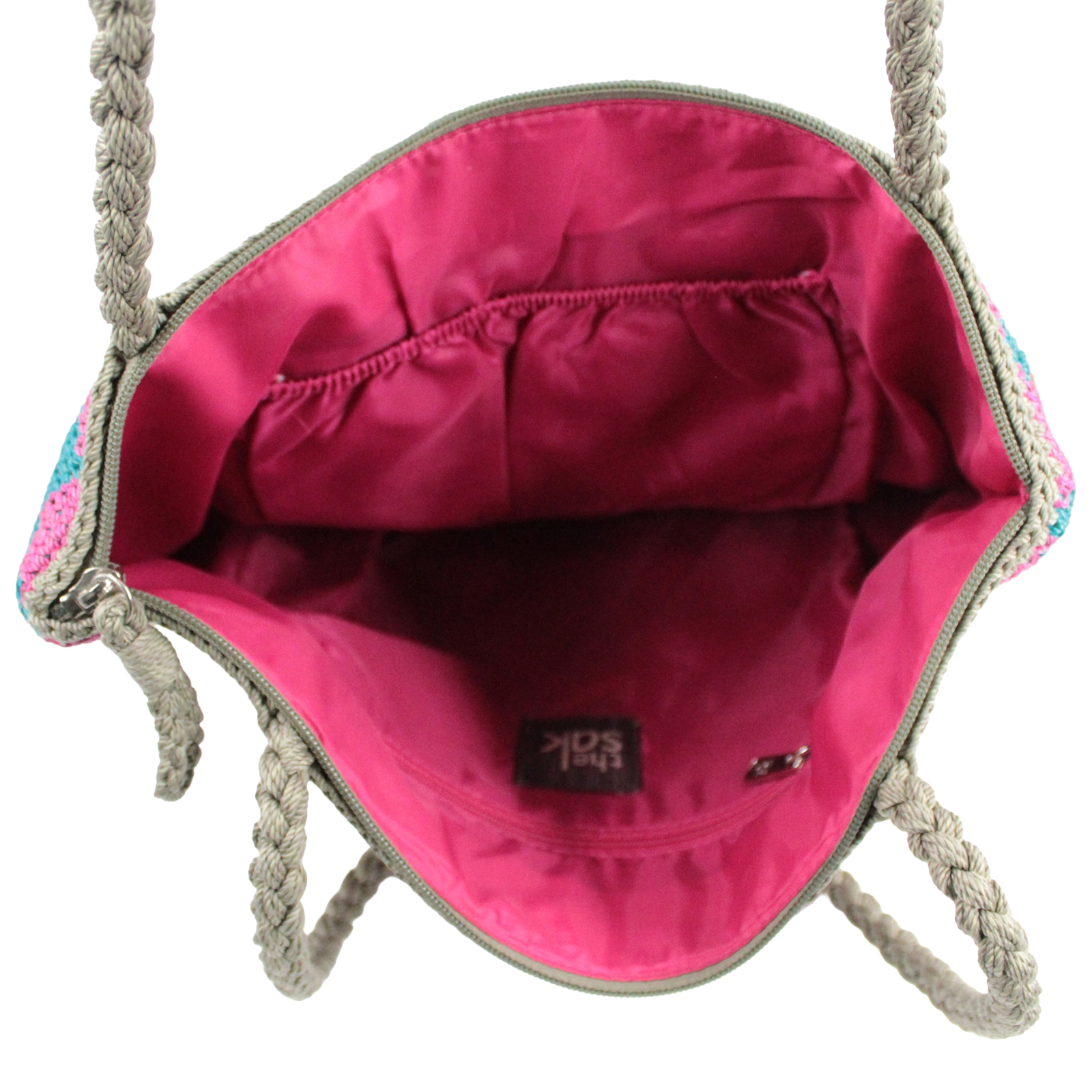 THE SAK Macrame Crochet Knit Zip Top Double Handle Purple Multi Shoulder Bag THE SAK Macrame Crochet Knit Zip Top Double Handle Purple Multi Shoulder Bag