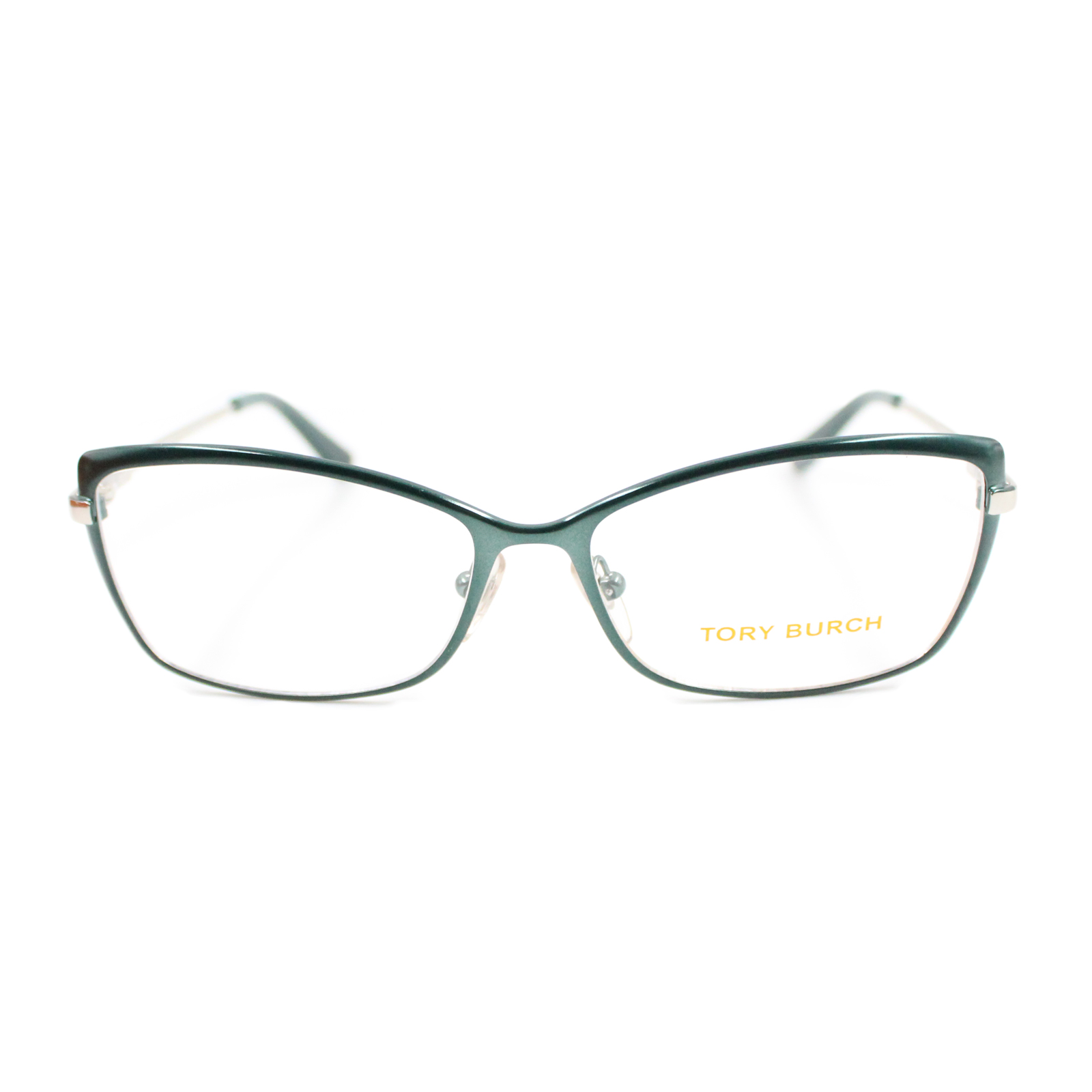 TORY BURCH Green Cat Eye Clear Lens Green & Silver Temple Glasses TORY BURCH Green Cat Eye Clear Lens Green & Silver Temple Glasses