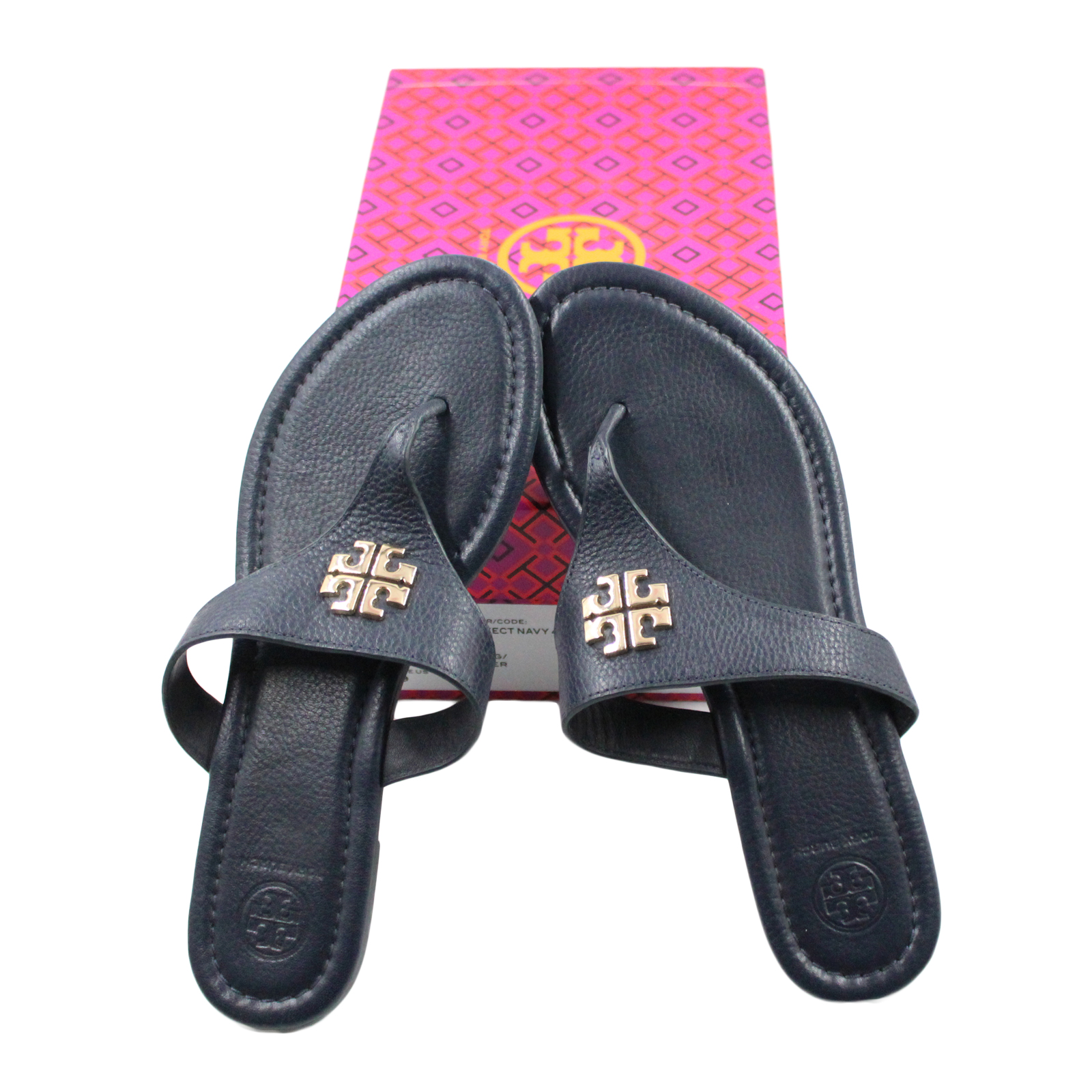 TORY BURCH Jolie Slip-on Thong Leather Navy Blue Sandals - Size 9M