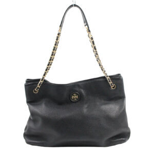 TORY BURCH Pebbled Leather Tote Shoulder Gold Chain Black Bag