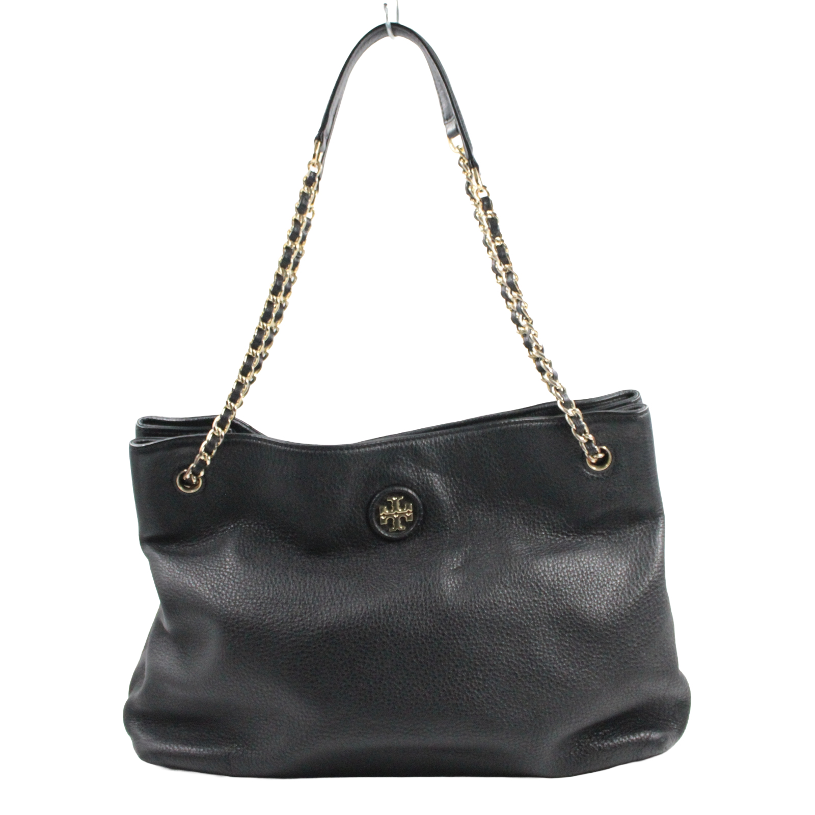 TORY BURCH Pebbled Leather Tote Shoulder Gold Chain Black Bag TORY BURCH Pebbled Leather Tote Shoulder Gold Chain Black Bag