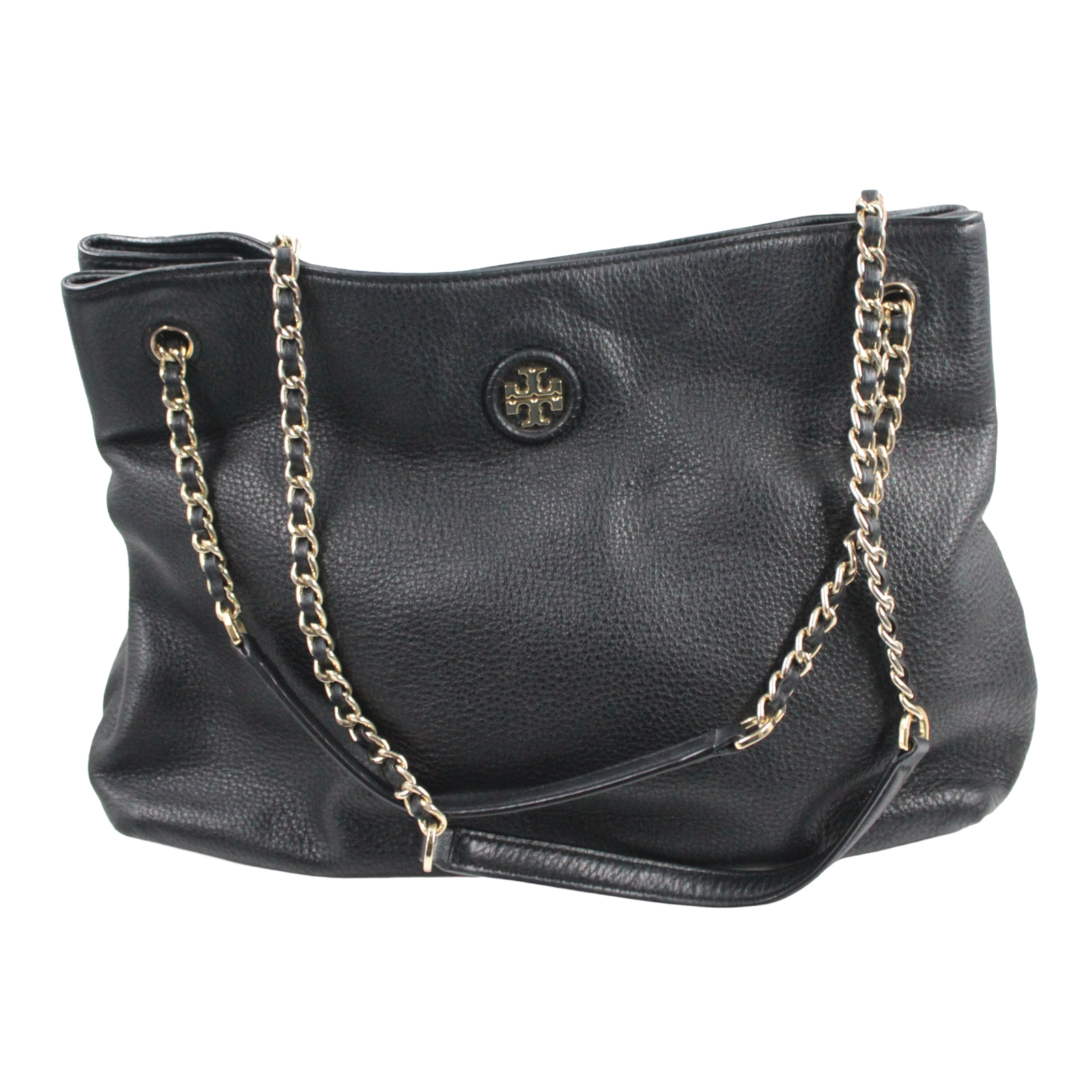 TORY BURCH Pebbled Leather Tote Shoulder Gold Chain Black Bag TORY BURCH Pebbled Leather Tote Shoulder Gold Chain Black Bag