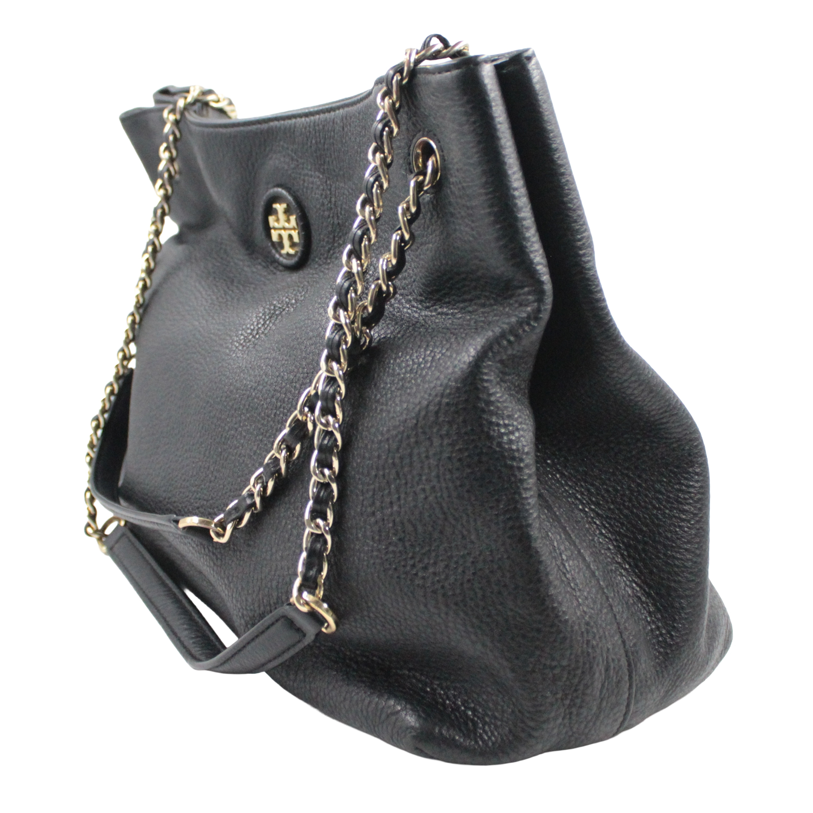 TORY BURCH Pebbled Leather Tote Shoulder Gold Chain Black Bag TORY BURCH Pebbled Leather Tote Shoulder Gold Chain Black Bag