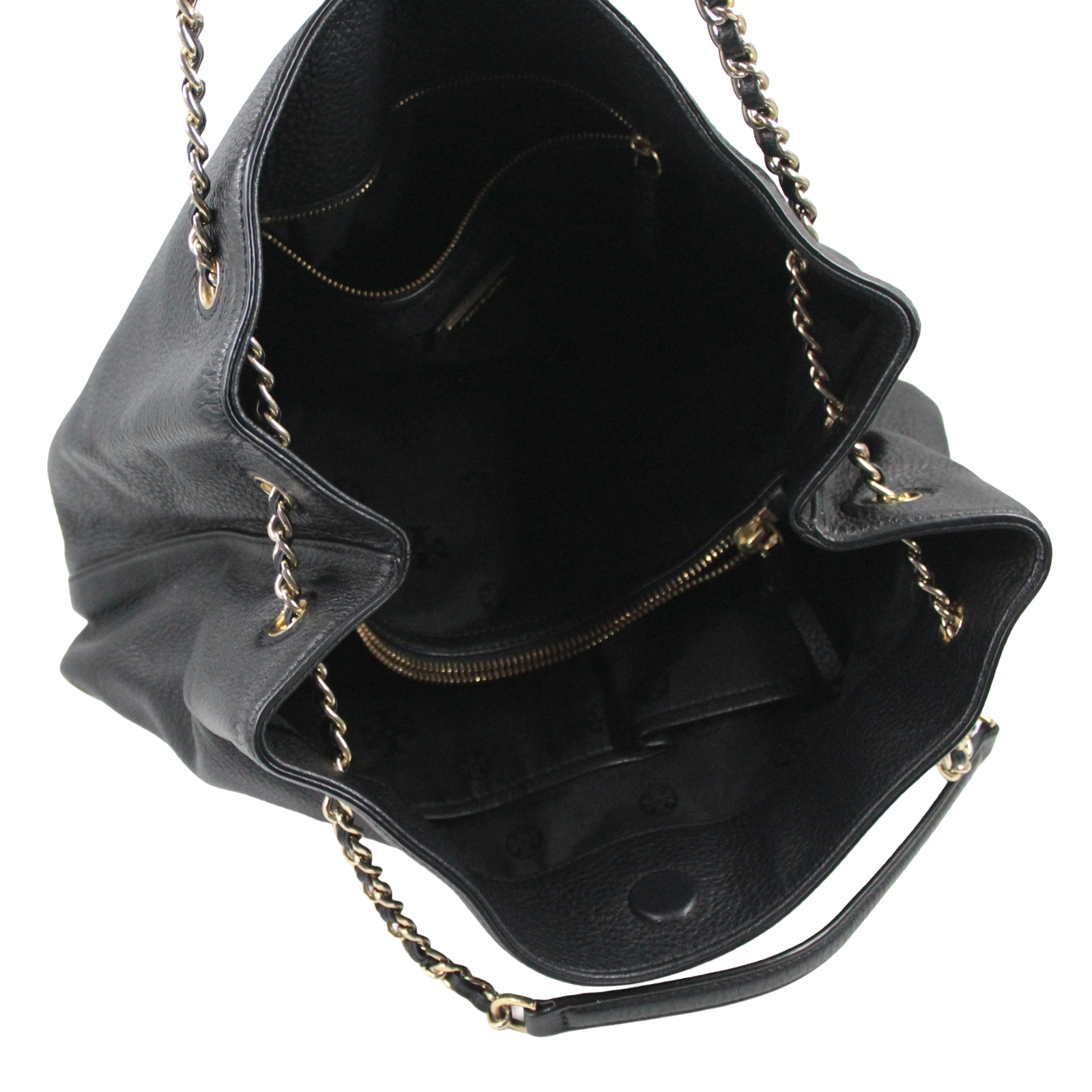 TORY BURCH Pebbled Leather Tote Shoulder Gold Chain Black Bag TORY BURCH Pebbled Leather Tote Shoulder Gold Chain Black Bag