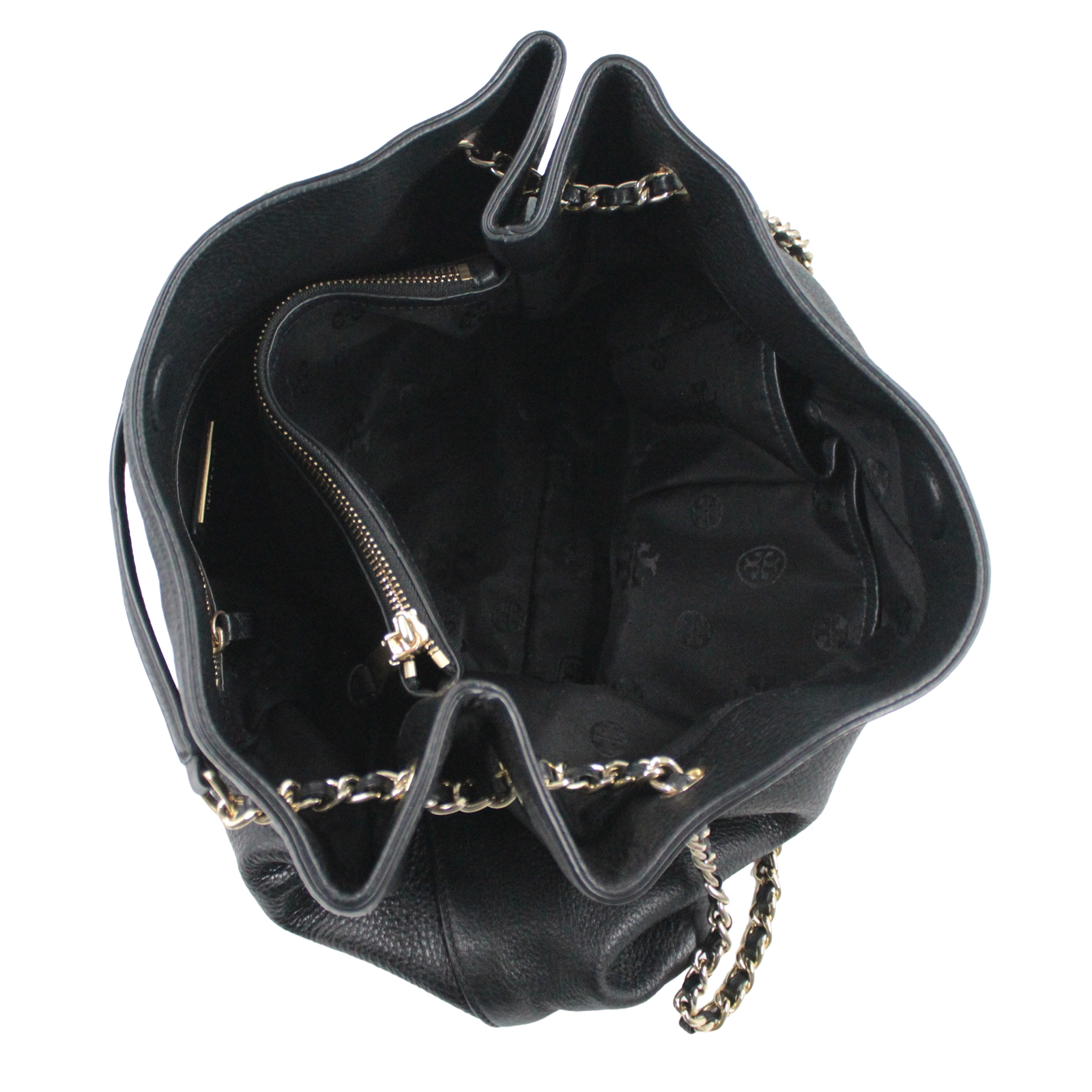 TORY BURCH Pebbled Leather Tote Shoulder Gold Chain Black Bag TORY BURCH Pebbled Leather Tote Shoulder Gold Chain Black Bag