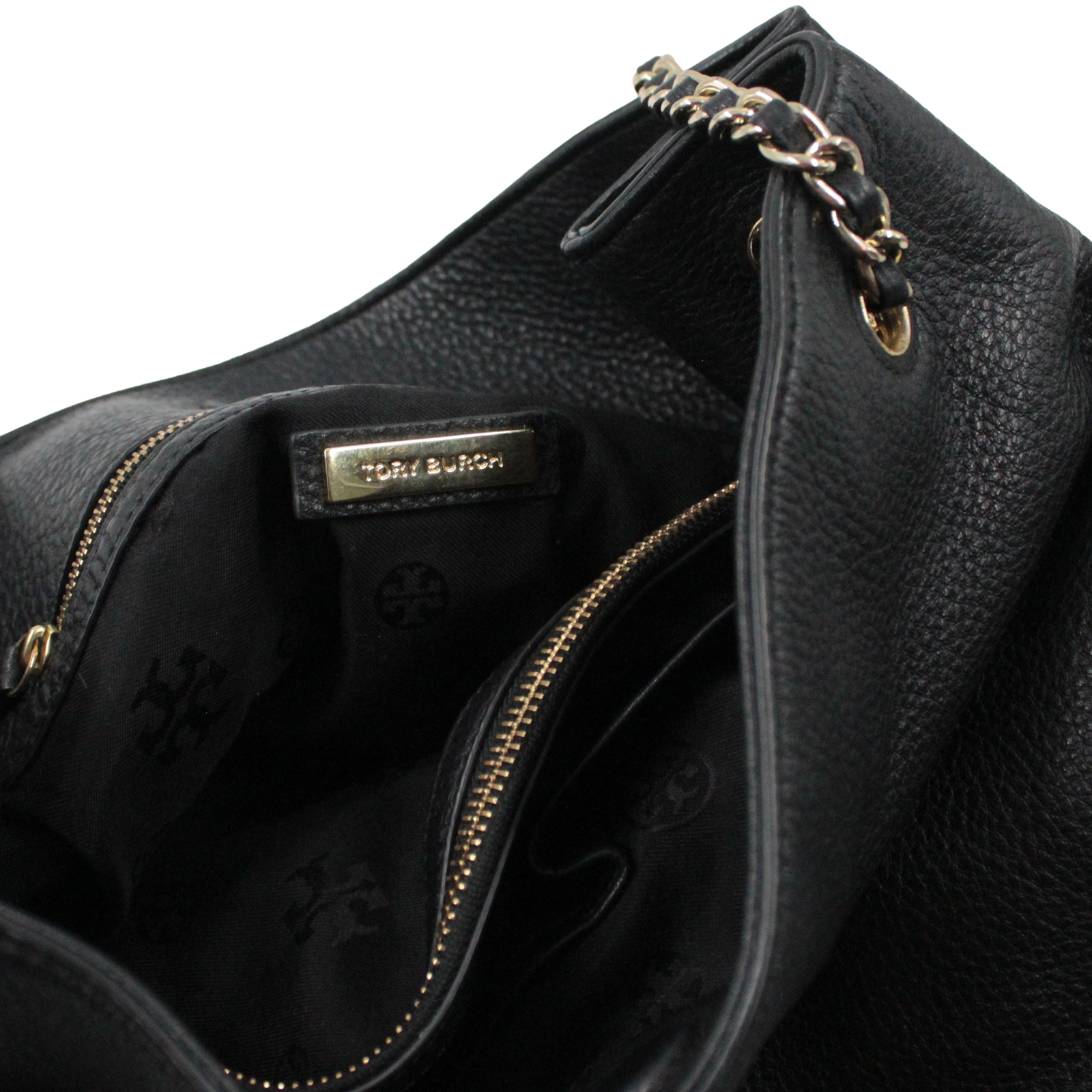 TORY BURCH Pebbled Leather Tote Shoulder Gold Chain Black Bag TORY BURCH Pebbled Leather Tote Shoulder Gold Chain Black Bag