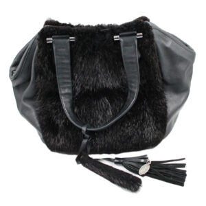TOUS Leather & Fur Double Handle Shoulder Satchel Tote Silver Hardware Black Bag