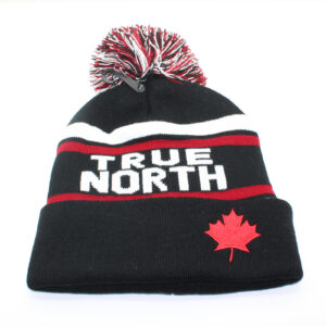TRUE NORTH Maple Leaf Knit Pompom Cuffed Winter Toque Black Red Hat - One Size