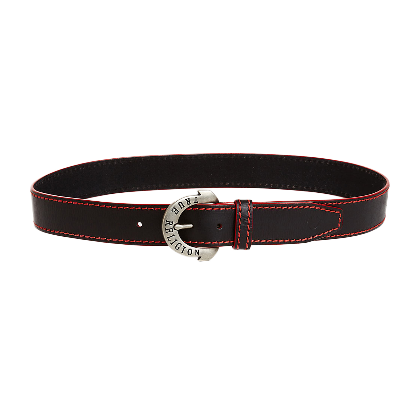 TRUE RELIGION Red Big T Leather Red Stitch Silver Buckle Black Belt - Size 38 TRUE RELIGION Red Big T Leather Red Stitch Silver Buckle Black Belt - Size 38