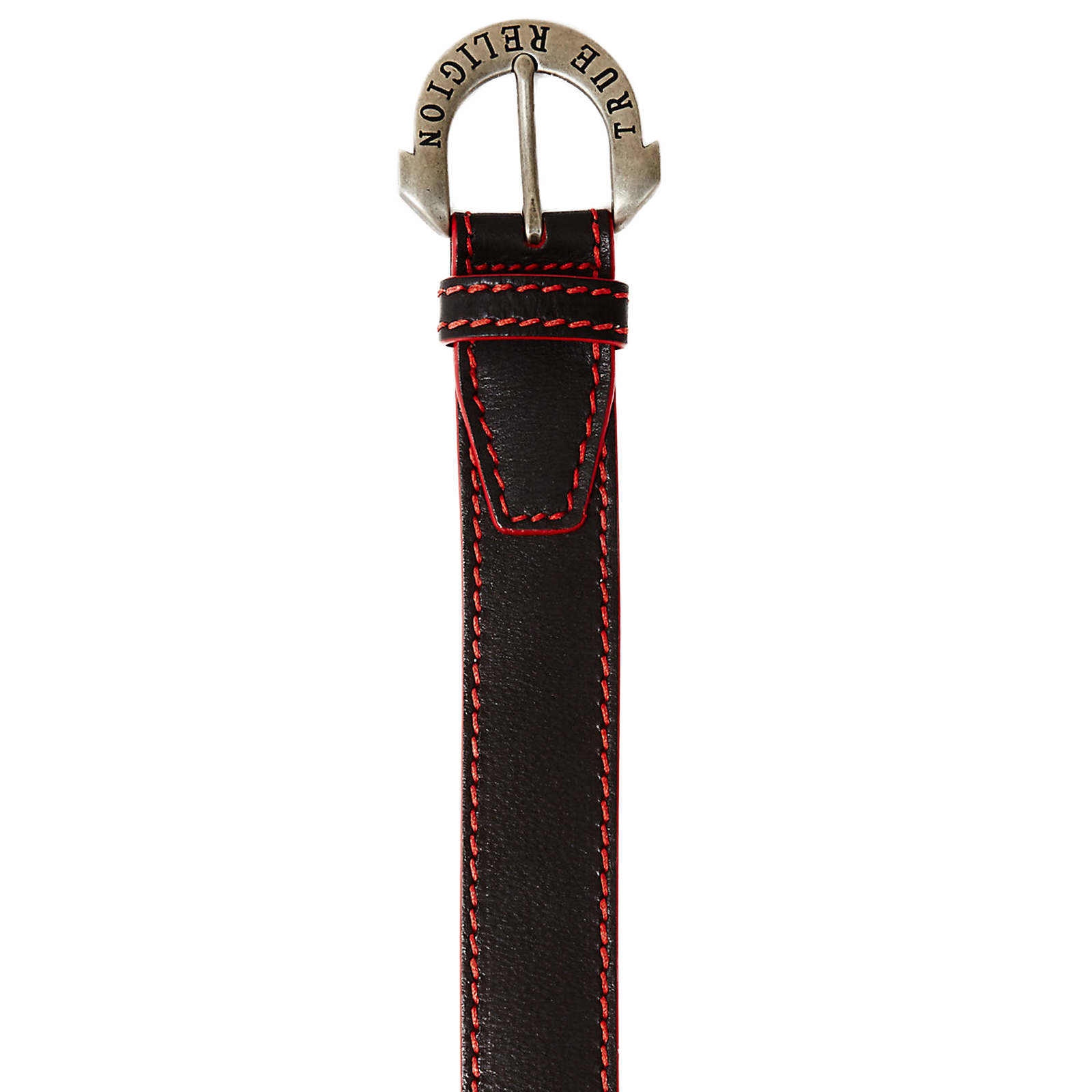 TRUE RELIGION Red Big T Leather Red Stitch Silver Buckle Black Belt - Size 38 TRUE RELIGION Red Big T Leather Red Stitch Silver Buckle Black Belt - Size 38