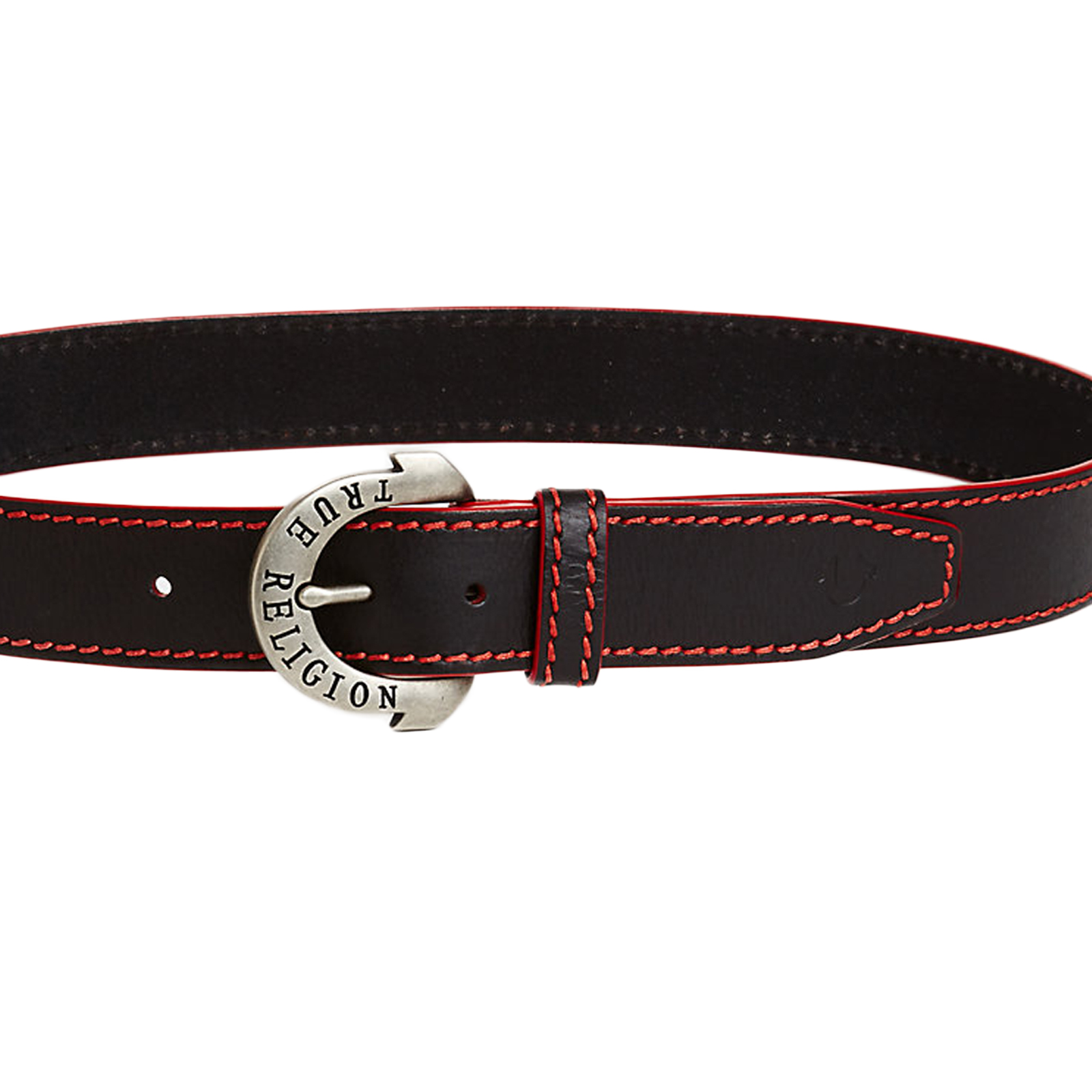 TRUE RELIGION Red Big T Leather Red Stitch Silver Buckle Black Belt - Size 38 TRUE RELIGION Red Big T Leather Red Stitch Silver Buckle Black Belt - Size 38