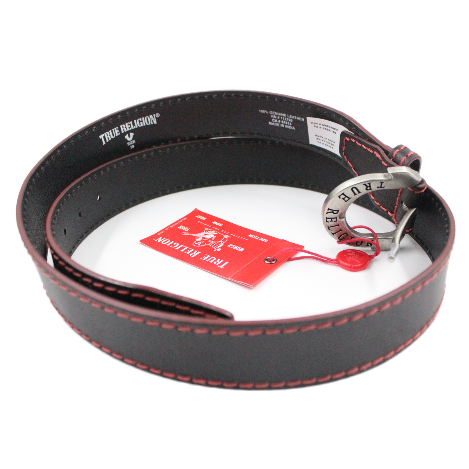 TRUE RELIGION Red Big T Leather Red Stitch Silver Buckle Black Belt - Size 38 TRUE RELIGION Red Big T Leather Red Stitch Silver Buckle Black Belt - Size 38