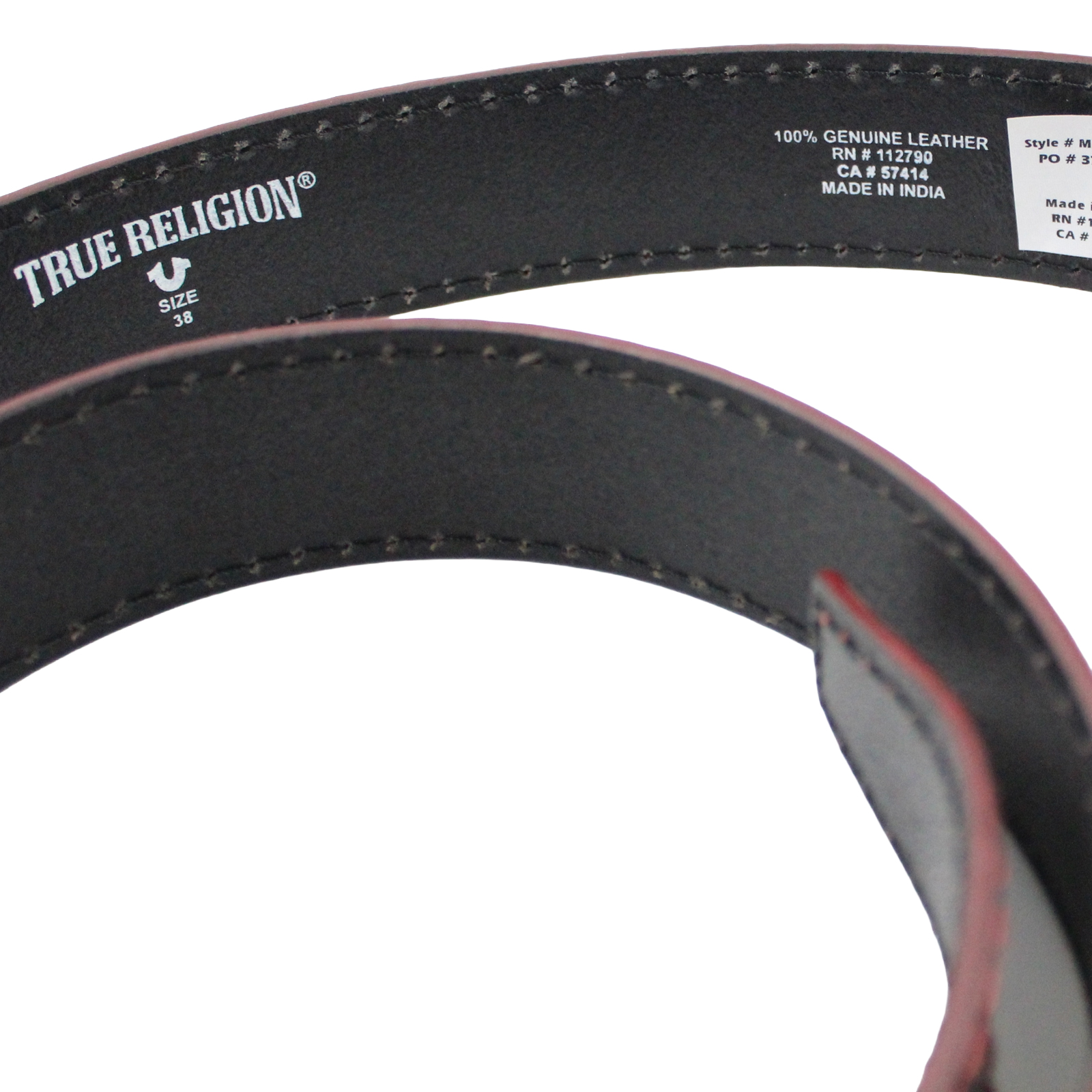 TRUE RELIGION Red Big T Leather Red Stitch Silver Buckle Black Belt - Size 38 TRUE RELIGION Red Big T Leather Red Stitch Silver Buckle Black Belt - Size 38