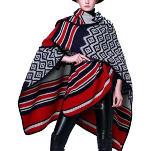 Open Front Blue Red Multi-colour Geometric Shawl Poncho Wrap - One Size