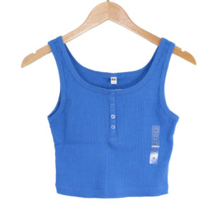 UNIQLO Cotton Blend Ribbed Crop Henley Scoopneck Blue Tank Top - Medium