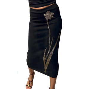 ZARA Knit Elastic Waist Sparkly Rhinestone Appliqués Stretch Black Skirt - Large